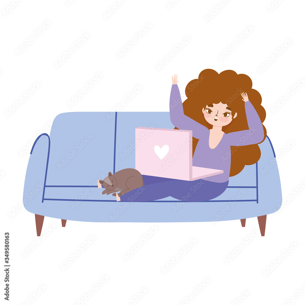 working remotely, young woman in room with laptop on sofa working remotely, young woman in room with laptop on sofa