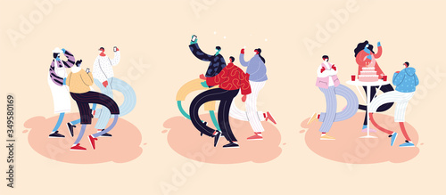 set of people dancing different poses using face masks