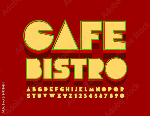 Vector retro style banner Cafe Bistro 3D Creative Font. Bright Alphabet Letters and Numbers