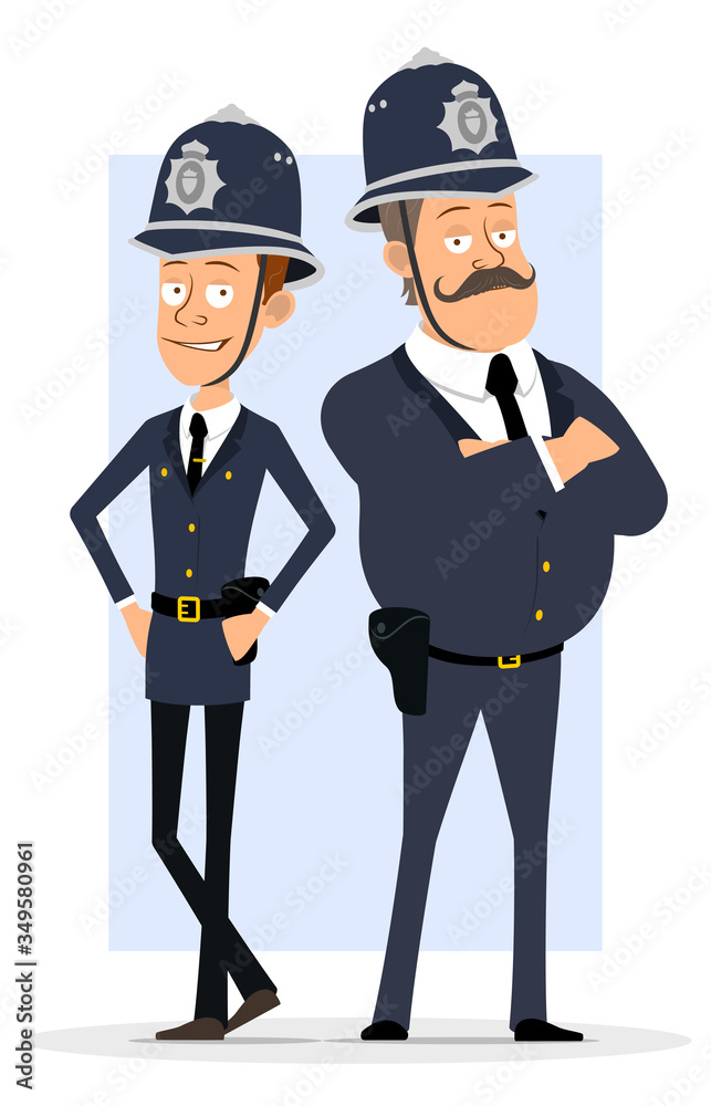 Cartoon flat funny cute british policeman man characters in helmet and uniform. Ready for animation. Smiling boys standing and posing on photo. Isolated on blue background. Vector icon set.