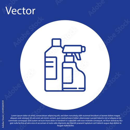 Blue line Plastic bottles for laundry detergent, bleach, dishwashing liquid or another cleaning agent icon isolated on blue background. White circle button. Vector