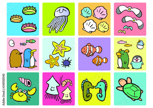 海の仲間たちのベクターイラスト素材セットです。水族館や動物園、挿絵など様々なシーンにお使いいただけます。