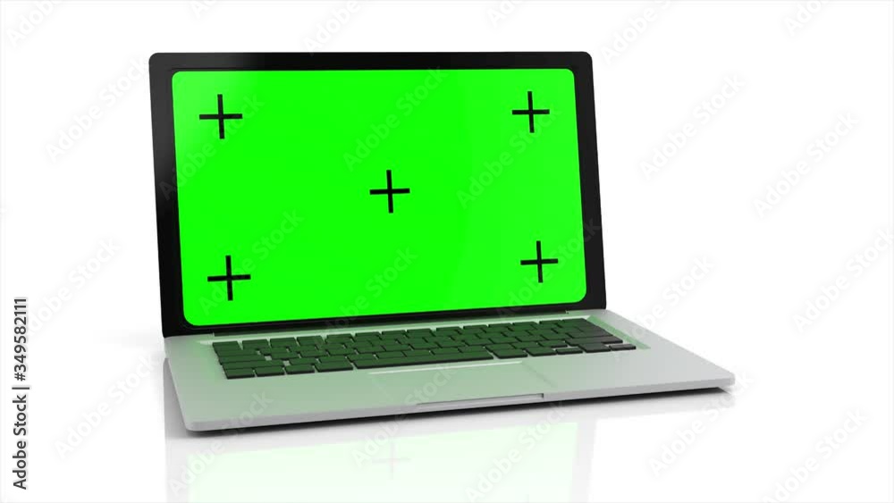 Modern laptop with a green screen is opening on a white background. 4K animation with alpha channel. 3D rendering