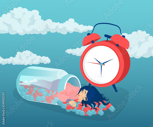Vector of a woman sleeping inside a bottle of pills