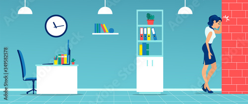 Vector of a stressed businesswoman banging her head in frustration against a wall