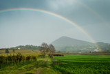 Rainbow over the vineyards in north italy after a storm in the italian Euganean Hills, Padua - Veneto