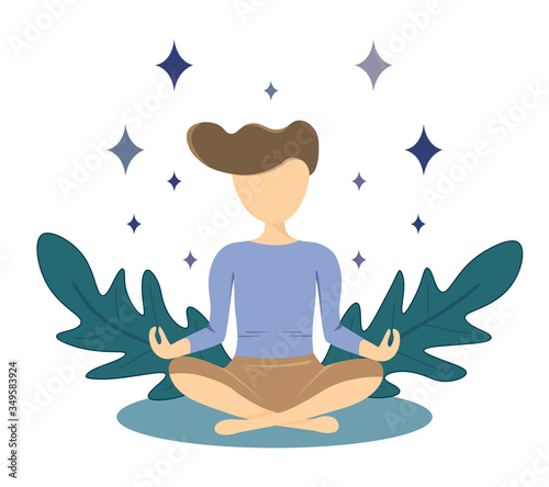 Man practices meditating, sitting in flora and star surrounded. The way make good mental health. Relax after work, concentration and recreation concept. Flat cartoon vector