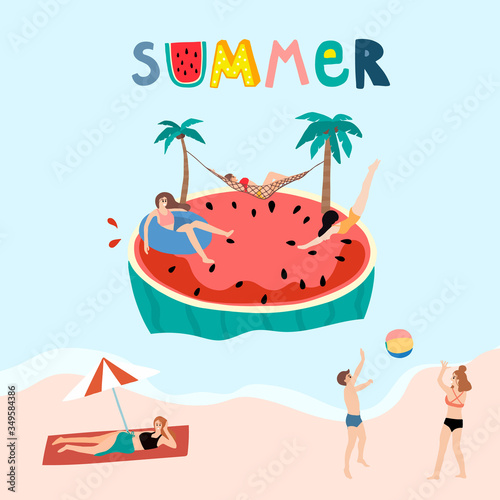 Collection of summer background set with people,watermelon,beach,coconut tree.Editable vector illustration for New year invitation,postcard and website banner