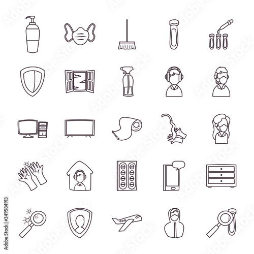 Covid 19 quarentine line style icon set vector design