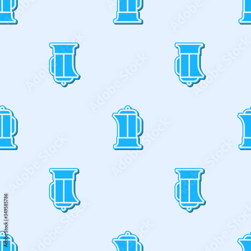 Blue line French press icon isolated seamless pattern on grey background. Vector Illustration