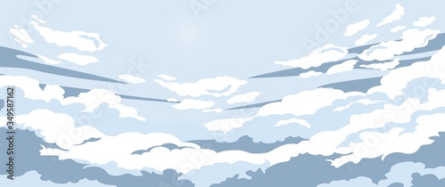 Cartoon evening sunset surrounded by clouds vector graphic illustration. Cloudy beautiful sky with fluffy cloud background design. Natural calm landscape with dense curves swarm