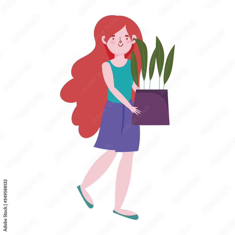 young girl holding potted plant decoration isolated design icon young girl holding potted plant decoration isolated design icon