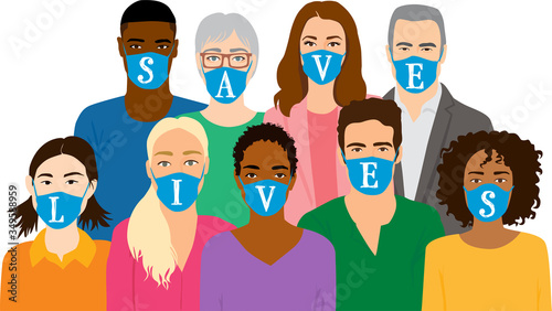  "Save Lives" COVID-19 concept - group of people wearing protective face masks to stop spread of coronavirus Flat style vector illustration