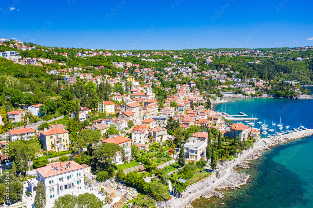 Croatia, Adriatic coast, beautiful town of Opatija and Volosko, popular tourist resort, coastline aerial view, Kvarner bay
