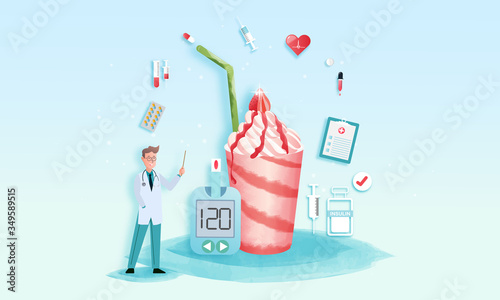 Diabetes patient treatment Concept. Blood glucose testing meter. Diabetes type 2 and insulin production. Suitable For Wallpaper, Banner, Background, Card, Book, And Landing Page.Vector Illustration