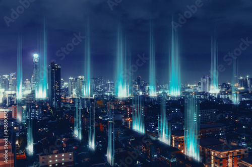 City with wireless network connection concept   abstract communication technology concept .
