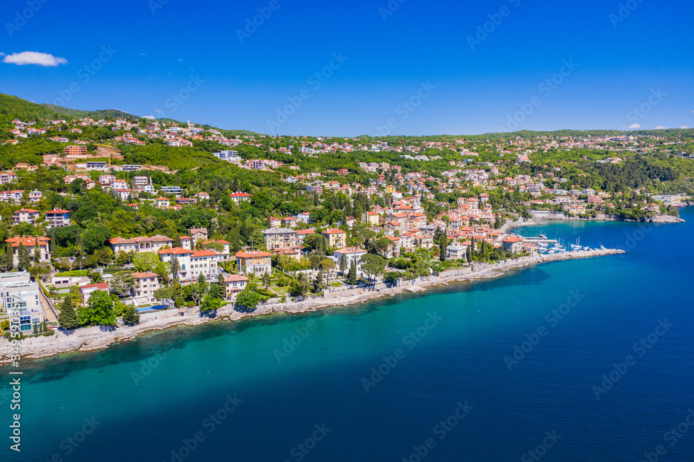 Croatia, Adriatic coast, beautiful town of Opatija and Volosko, popular tourist resort, coastline aerial view, Kvarner bay Croatia, Adriatic coast, beautiful town of Opatija and Volosko, popular tourist resort, coastline aerial view, Kvarner bay