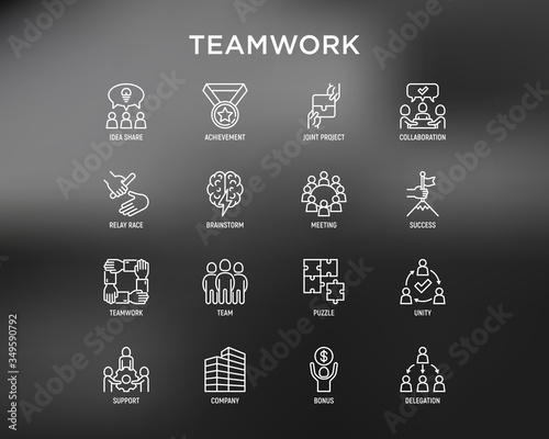 Teamwork thin line icons set: relay race, brainstorm, success, meeting, idea share, collaboration, joint project, unity, support, delegation, bonus. Modern vector illustration.