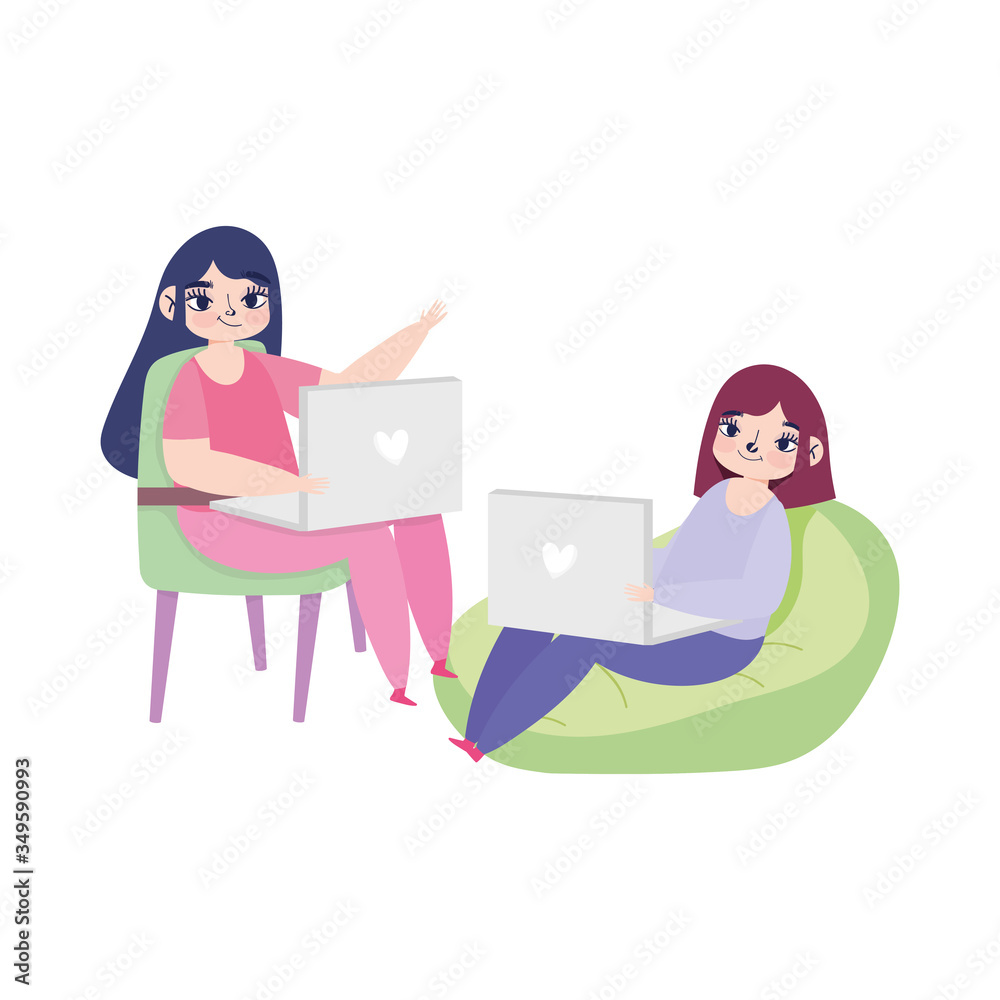 working remotely, young women with laptops in living room