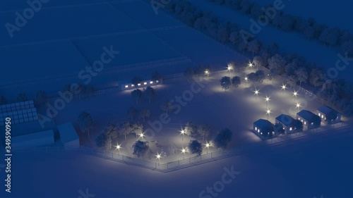 Farm concept with buildings, parking for cars, children's playground. Night. Evening lighting. 3D rendering.