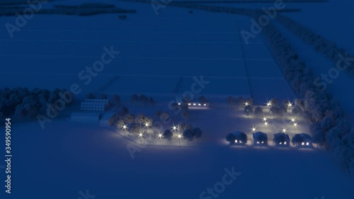 Farm concept with buildings, parking for cars, children's playground. Night. Evening lighting. 3D rendering.