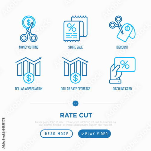 Rate cut thin line icon set: cutting price, sale, discount, receipt, loyalty card, interest. Modern vector illustration.