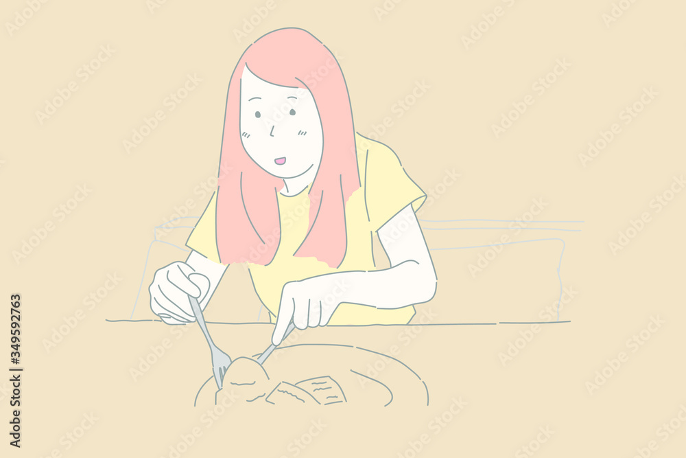 Woman eating dessert with hand drawing vector. Woman eating dessert with hand drawing vector.