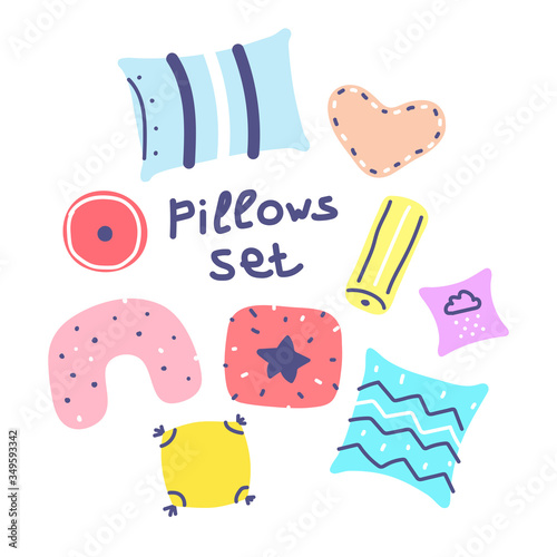 Scandinavian style pillows set. Pillows in different shapes with line ornament. Cute home decoration collection. Vector symbol of a cozy home, overnight parties, pillow fight, warm modern interior