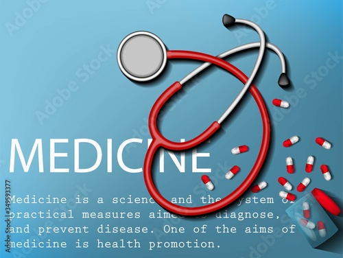 Medical design for the design of hospitals and sites. Medical equipment.
Red stethoscope or phonendoscope. A jar of spilled pills. Stock vector.
