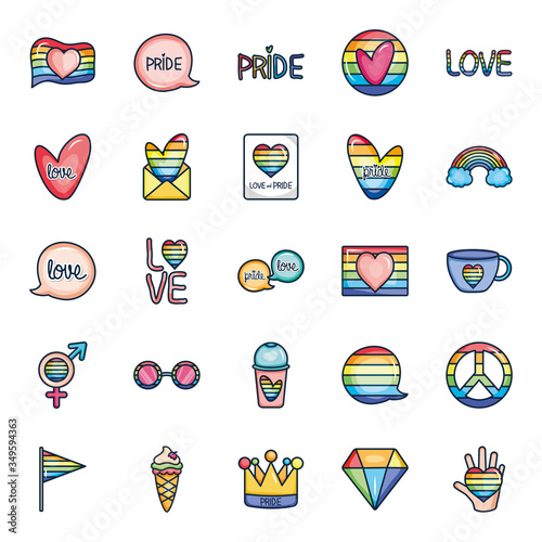 ice cream cup and pride icon set, line color style