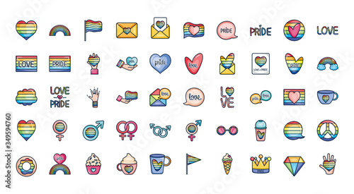 lgbt and pride icon set, line color style