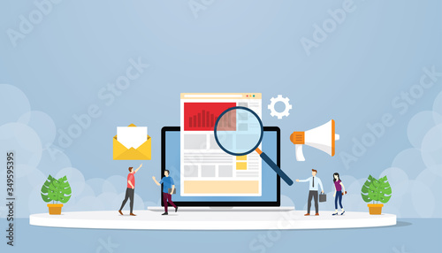 online digital marketing strategy concept with people and some graph and chart report analysis