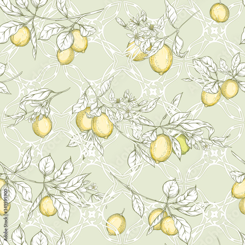 Lemon tree branch with lemons, flowers and leaves and wood carving in art nouveau style, vintage, old, retro style. Seamless pattern, background. Colored vector illustrationin soft green colors..