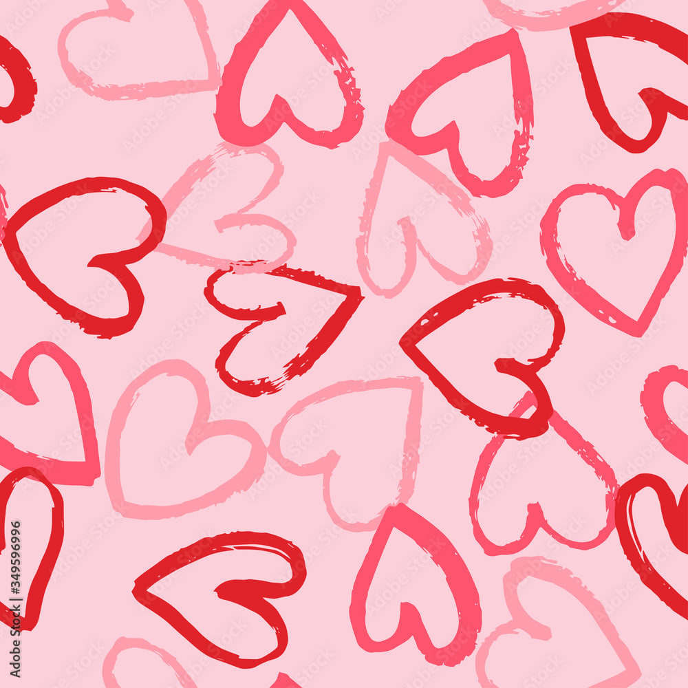 Seamless pattern with red and bright pink hearts on pink background. Vector design for textile, backgrounds, clothes, wrapping paper, web sites and wallpaper. Fashion illustration seamless pattern.