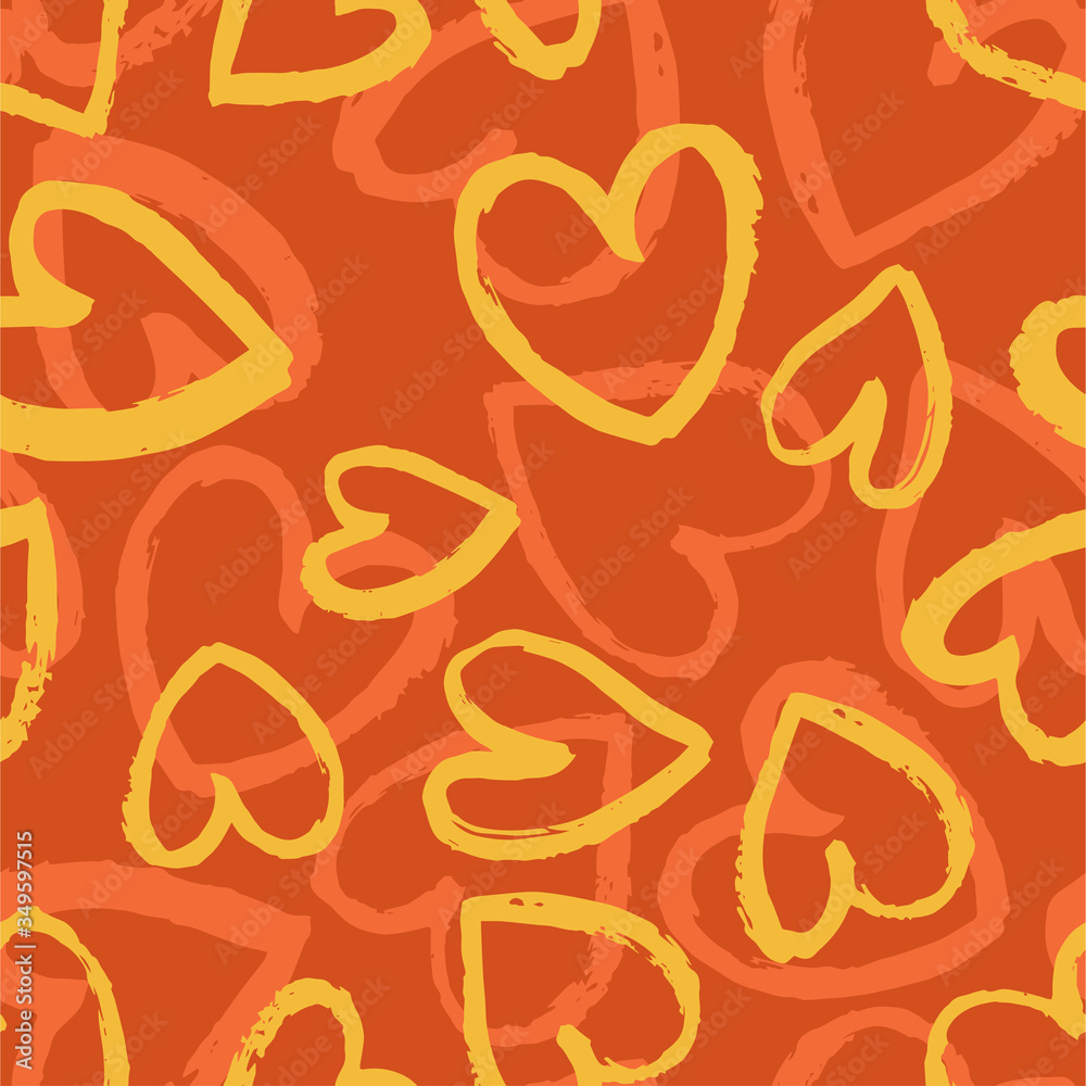Seamless pattern with yellow and orange hearts on orange background. Vector design for textile, backgrounds, clothes, wrapping paper, web sites and wallpaper. Fashion illustration seamless pattern. Seamless pattern with yellow and orange hearts on orange background. Vector design for textile, backgrounds, clothes, wrapping paper, web sites and wallpaper. Fashion illustration seamless pattern.