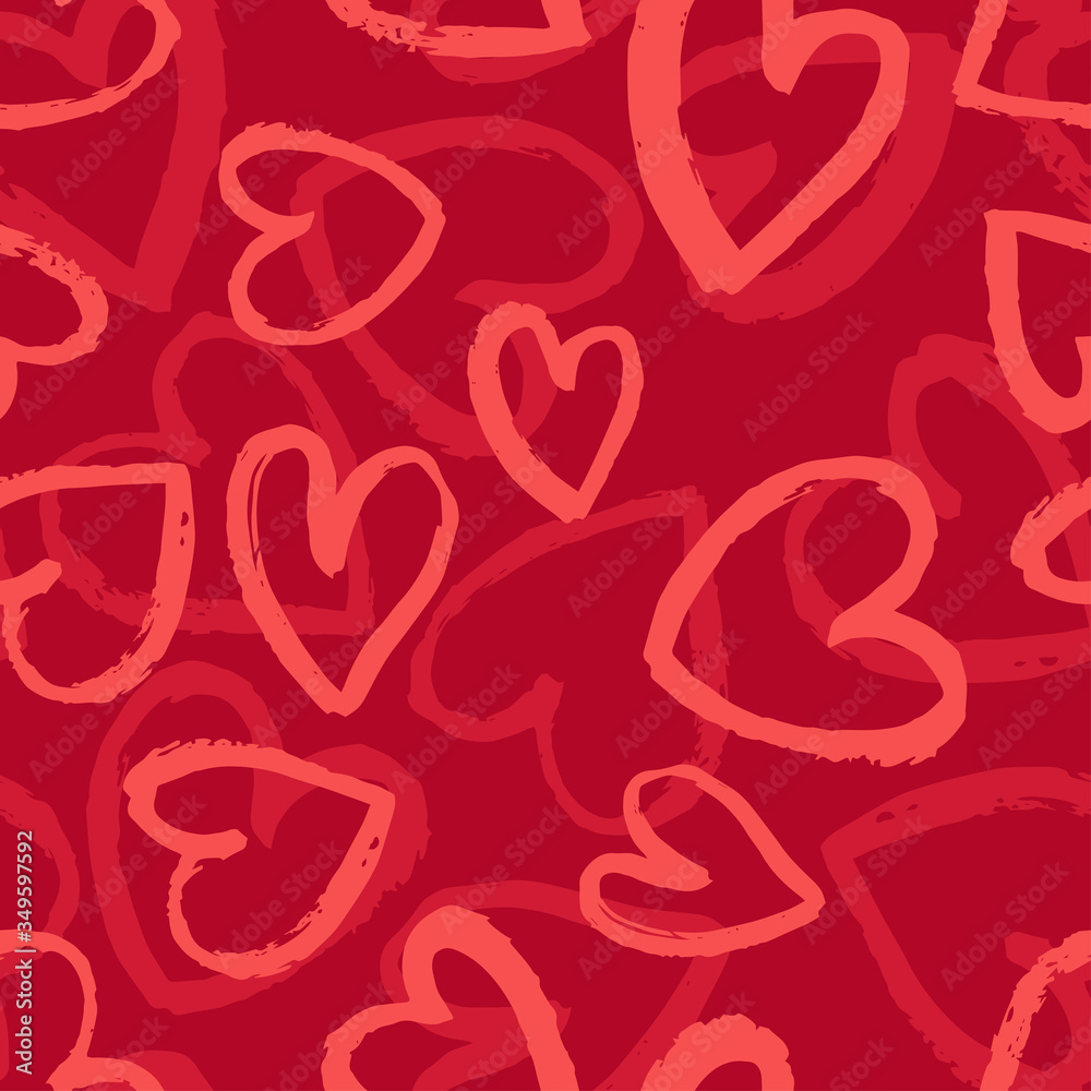 Seamless pattern with light pink and pale red hearts on bright red background. Vector design for textile, backgrounds, clothes, wrapping paper and wallpaper. Fashion illustration seamless pattern. Seamless pattern with light pink and pale red hearts on bright red background. Vector design for textile, backgrounds, clothes, wrapping paper and wallpaper. Fashion illustration seamless pattern.