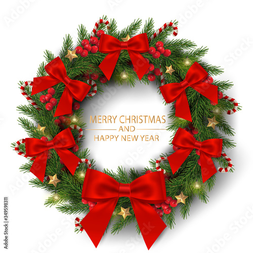 Merry Christmas and Happy New Year. Illustration of Christmas wreath made by tree branches with bow, berries, candy canes and decoration isolate.