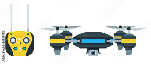 Remote control and flying drone with four propellers and a camera vector icon flat isolated.