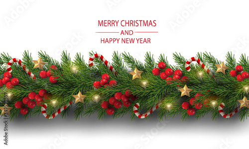 Merry Christmas and Happy New Year. Illustration of Christmas tree branches with berries, candy canes and decoration isolate.