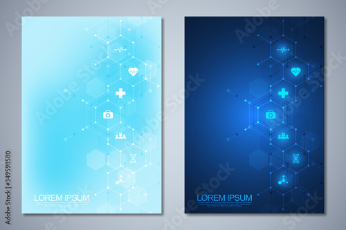 Template brochure or cover book, page layout, flyer design. Concept and idea for health care business, innovation medicine, pharmacy, technology. Medical background with flat icons and symbols.