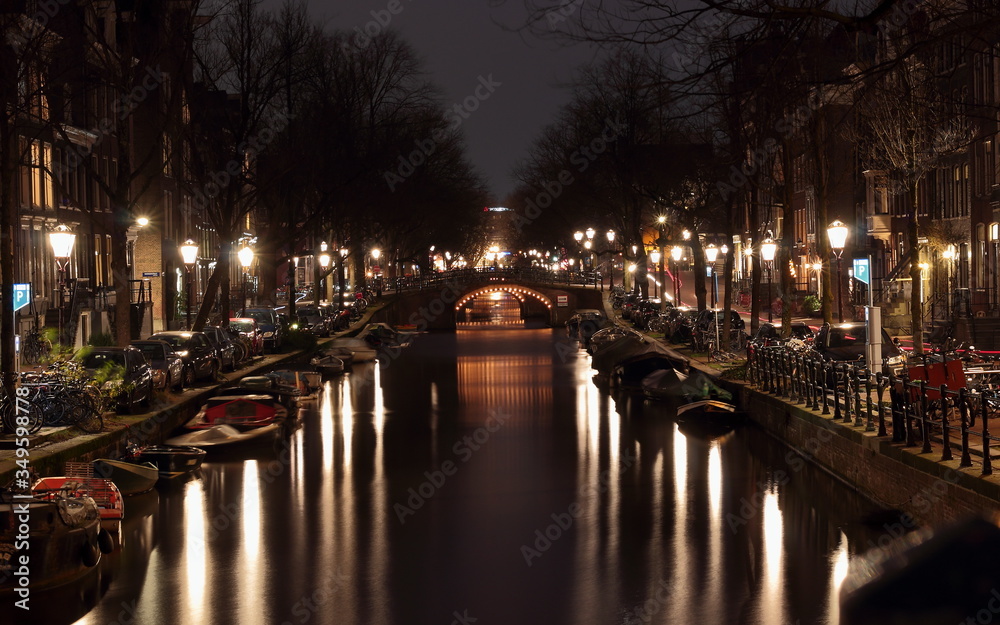 night view of the canal in amsterdam