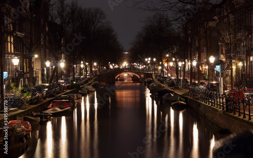 night view of the canal in amsterdam