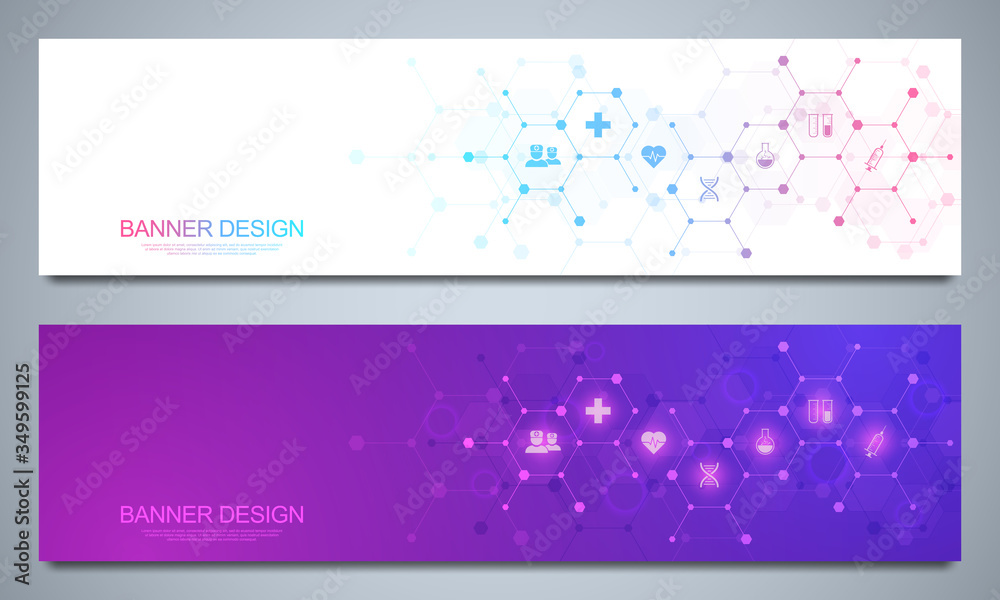 Banners design template for healthcare and medical decoration with flat icons and symbols. Science, medicine and innovation technology concept. Banners design template for healthcare and medical decoration with flat icons and symbols. Science, medicine and innovation technology concept.