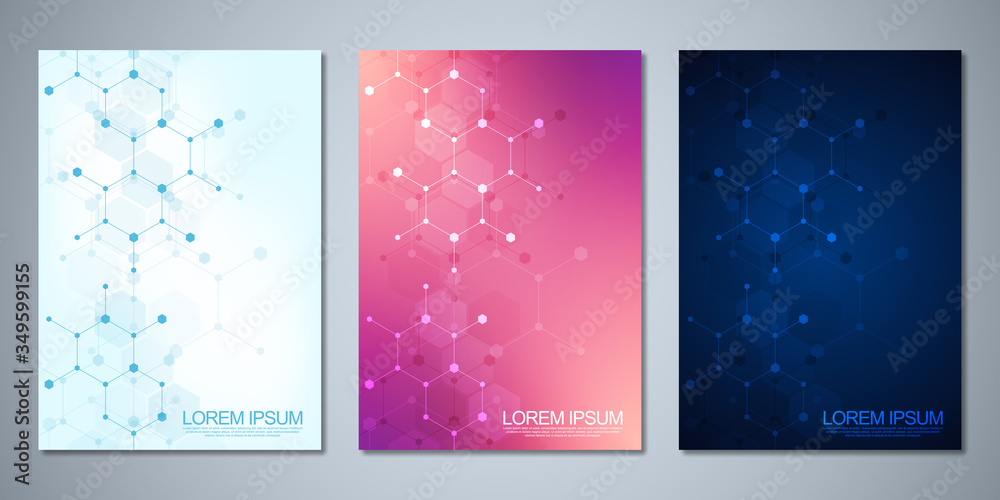 Template brochure or cover book, page layout, flyer design with molecular structures background and chemical engineering. Concept and idea for innovation technology and science.