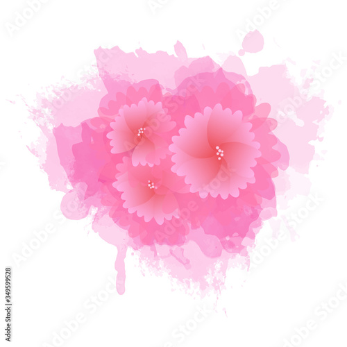 Vector illustration. Pink flowers on a background of splashes of paint. Abstract background. Can be used for posters and banners as the main element of the composition