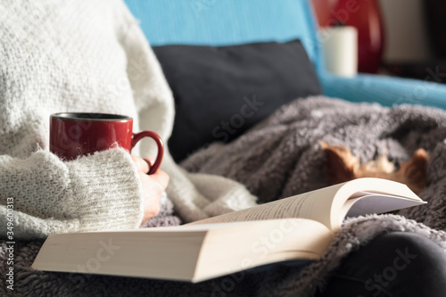 Woman reading a book and drinking a hot drink, covered with a blanket and dog sleeping beside her. Cozy home