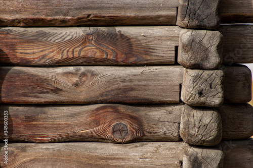 old small wooden abandoned hunting Lodge in the woods,  timber house, close-up