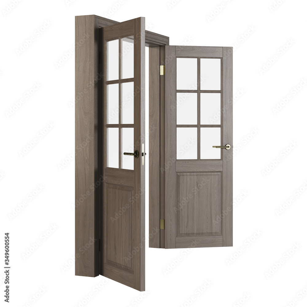 Wooden door isolated on white background. 3D rendering. Wooden door isolated on white background. 3D rendering.