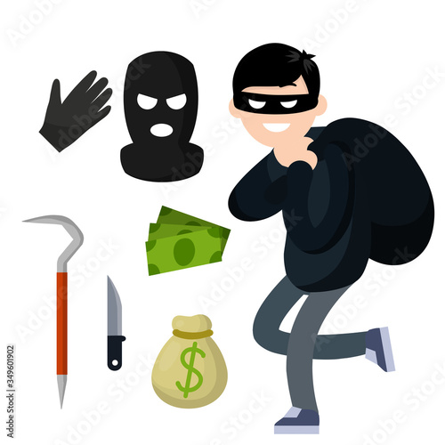 Thief with knife. Robber in black cloth. Set of tools for crime. pinch bar, crowbar, glove. Funny guy. Cartoon flat illustration. Man burglar. Security problem