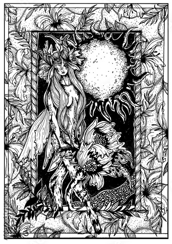 Magic creature, mysterious forest Dryad with long hair and petals on head, with horns and hooves, long legs and big wings in around by plants and blossom flowers with a large sun behind the back.